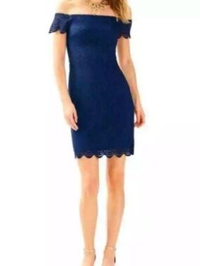 Lilly Pulitzer Jade Dress  Navy Blue Scalloped Shell Lace Size Large